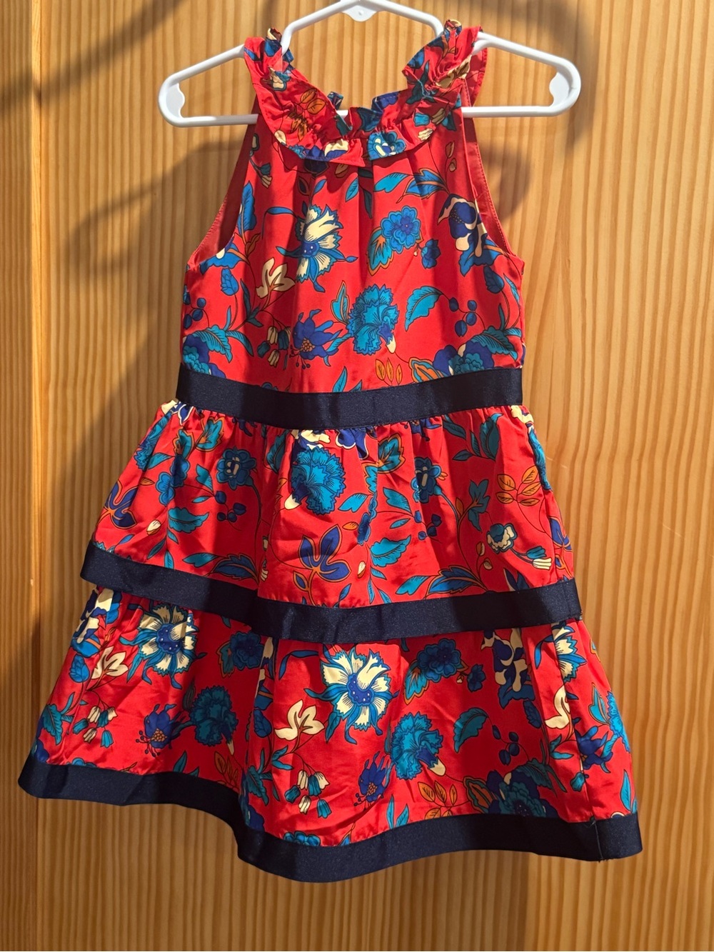 Red Floral Tiered Girls Dress with Navy Trim